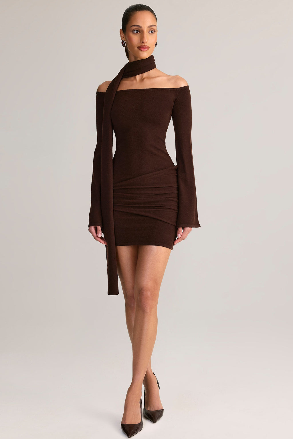 Chic Knit Scarf-Detail Off-Shoulder Mini Dress in Chocolate Brown
