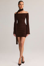 Chic Knit Scarf-Detail Off-Shoulder Mini Dress in Chocolate Brown