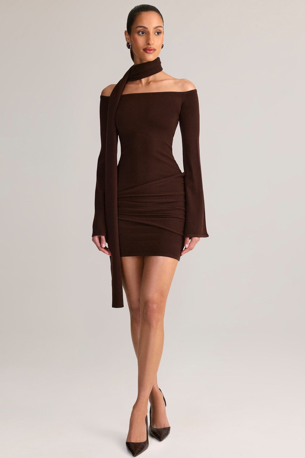 Chic Knit Scarf-Detail Off-Shoulder Mini Dress in Chocolate Brown
