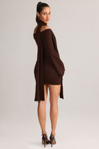 Chic Knit Scarf-Detail Off-Shoulder Mini Dress in Chocolate Brown