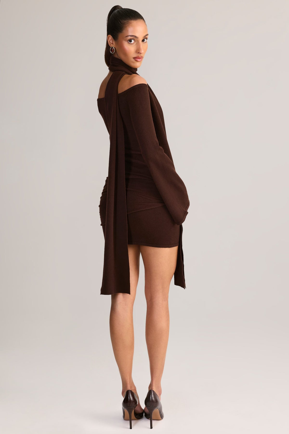 Chic Knit Scarf-Detail Off-Shoulder Mini Dress in Chocolate Brown