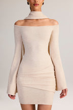 Chic Knit Scarf-Detail Off-Shoulder Mini Dress in Cream