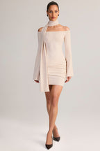 Chic Knit Scarf-Detail Off-Shoulder Mini Dress in Cream