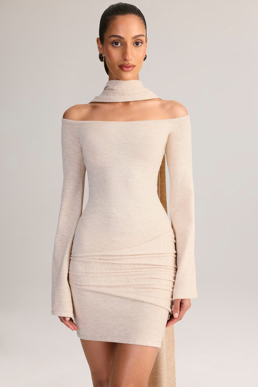Chic Knit Scarf-Detail Off-Shoulder Mini Dress in Cream