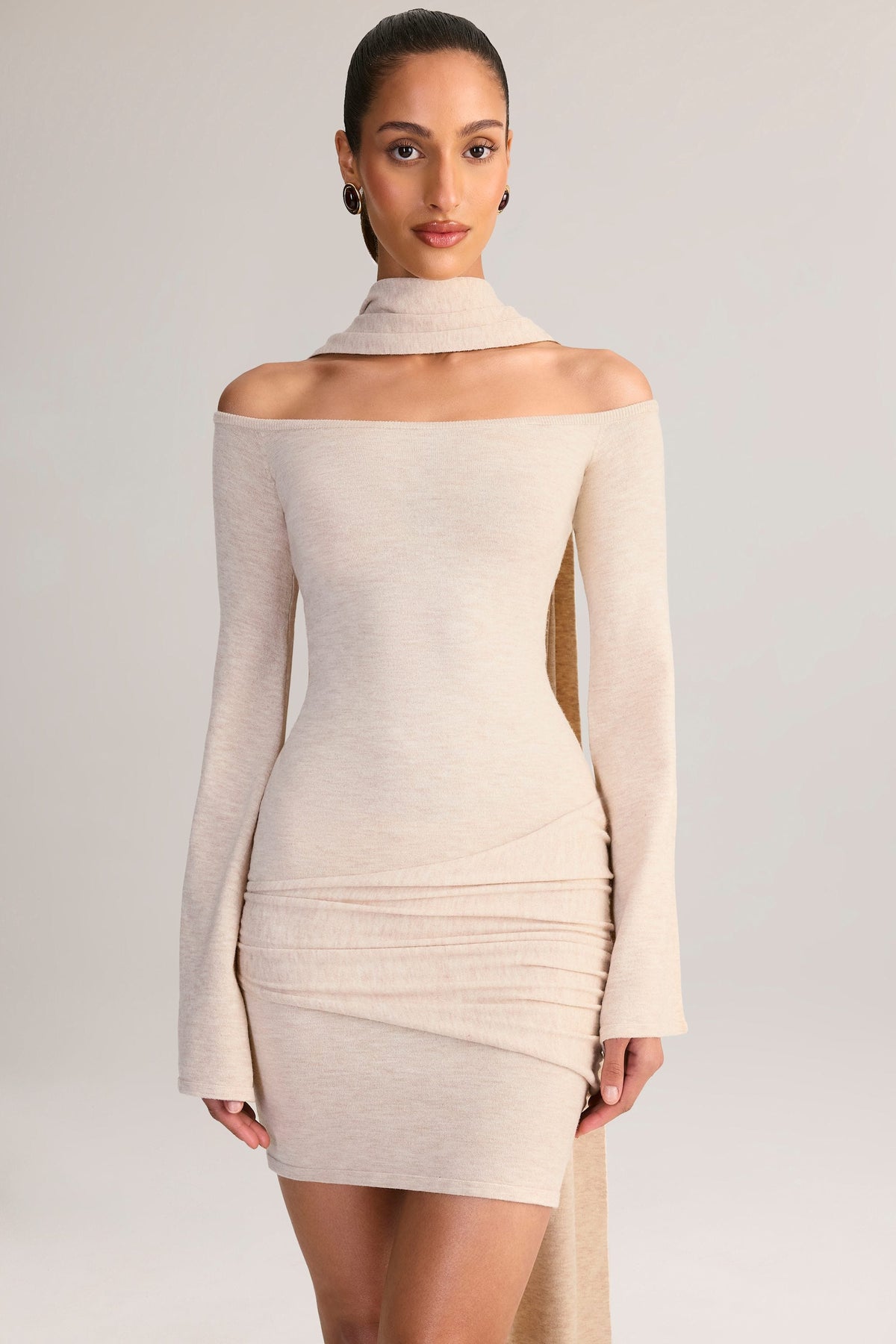 Chic Knit Scarf-Detail Off-Shoulder Mini Dress in Cream
