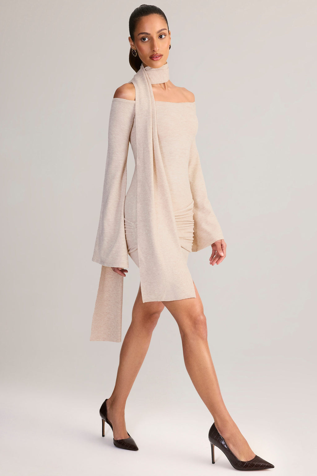 Chic Knit Scarf-Detail Off-Shoulder Mini Dress in Cream