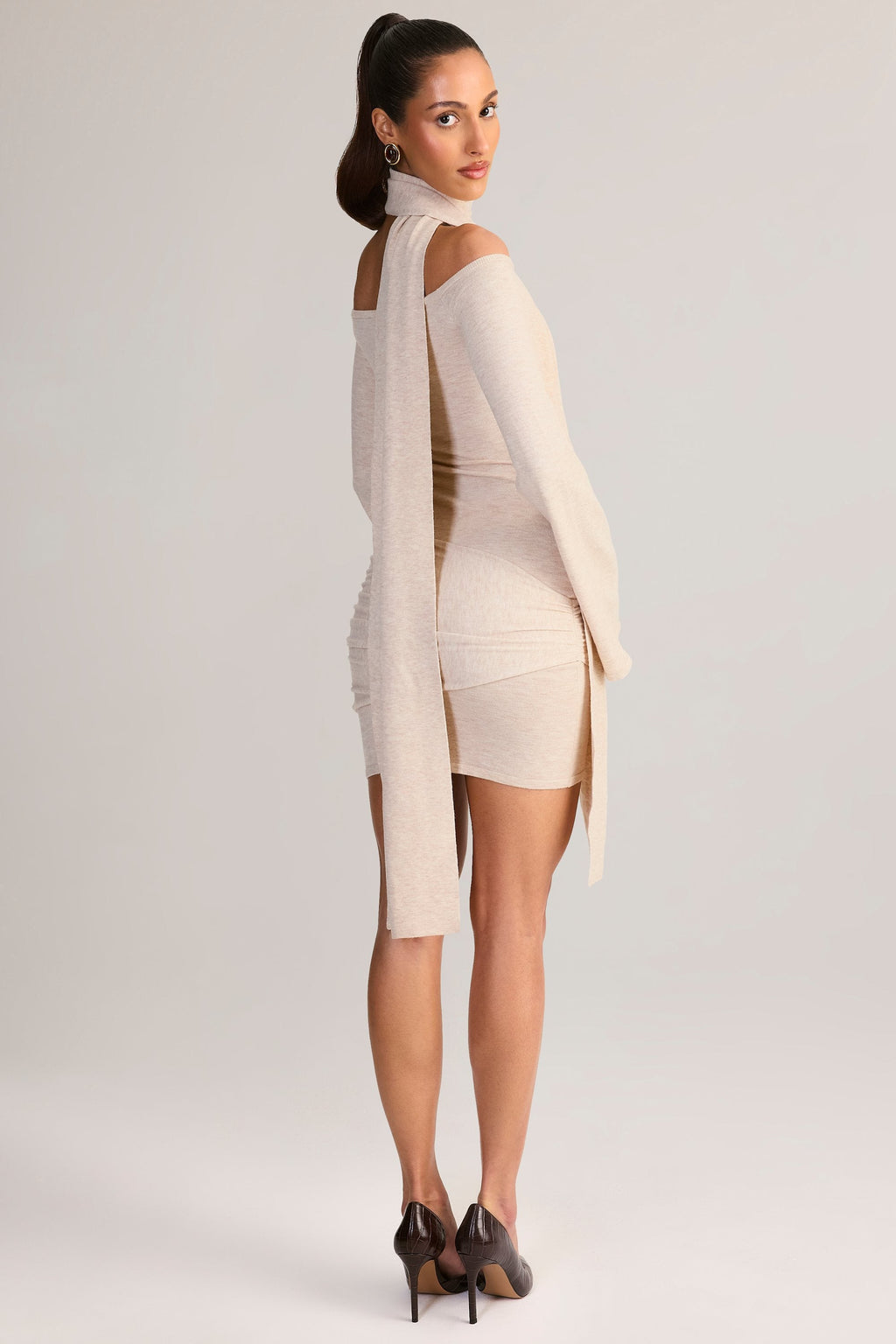 Chic Knit Scarf-Detail Off-Shoulder Mini Dress in Cream