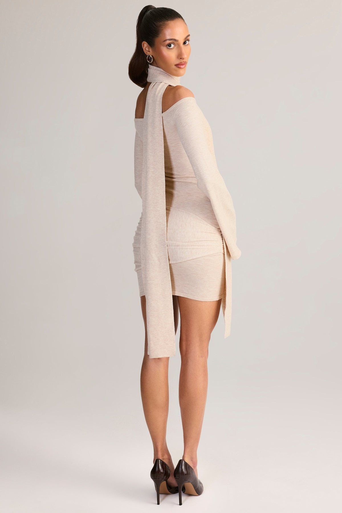 Chic Knit Scarf-Detail Off-Shoulder Mini Dress in Cream