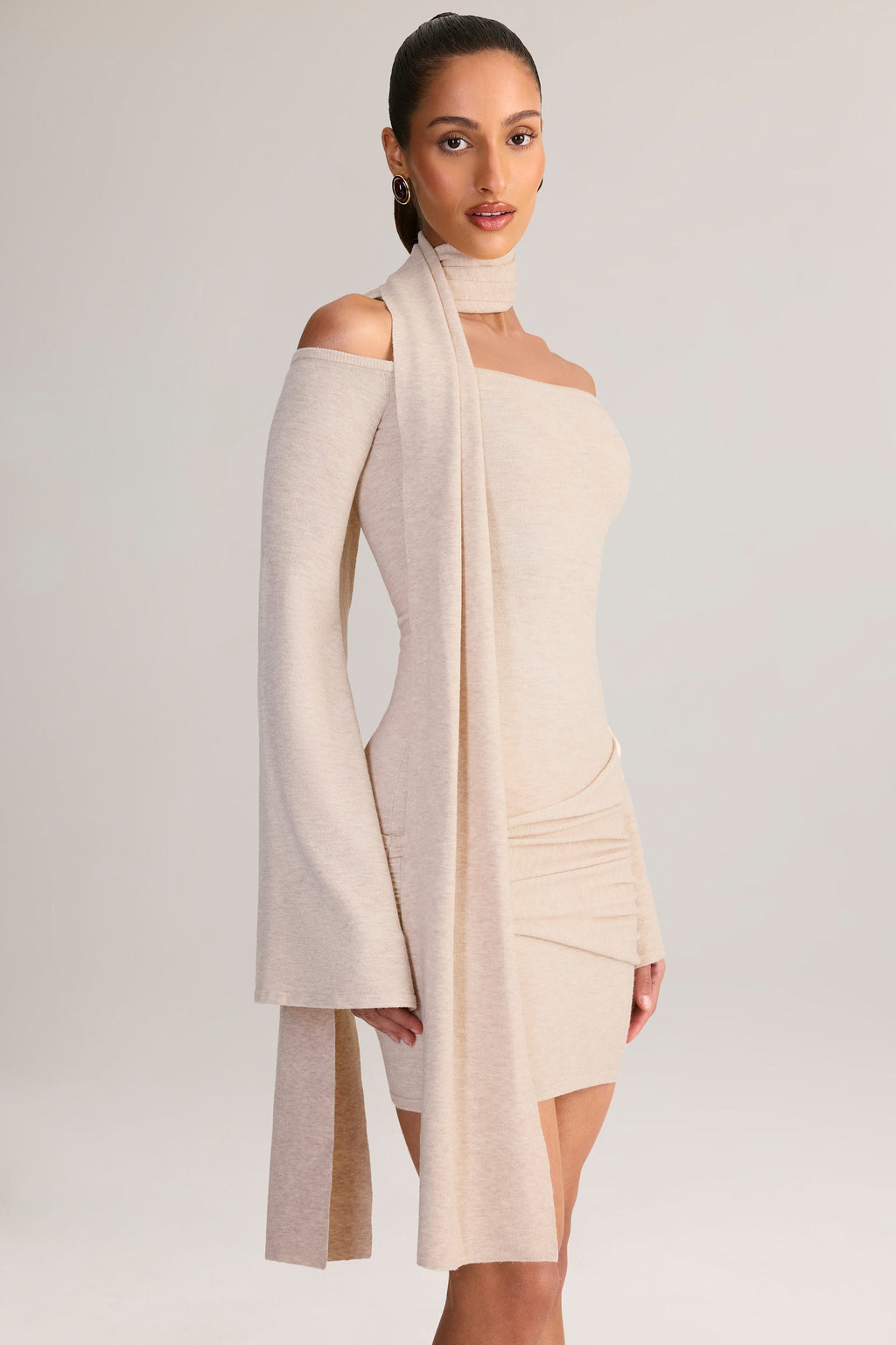 Chic Knit Scarf-Detail Off-Shoulder Mini Dress in Cream