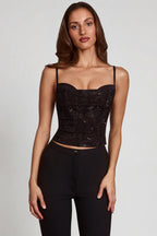 Chic Embellished Peekaboo Cowl-Neck Top in Black