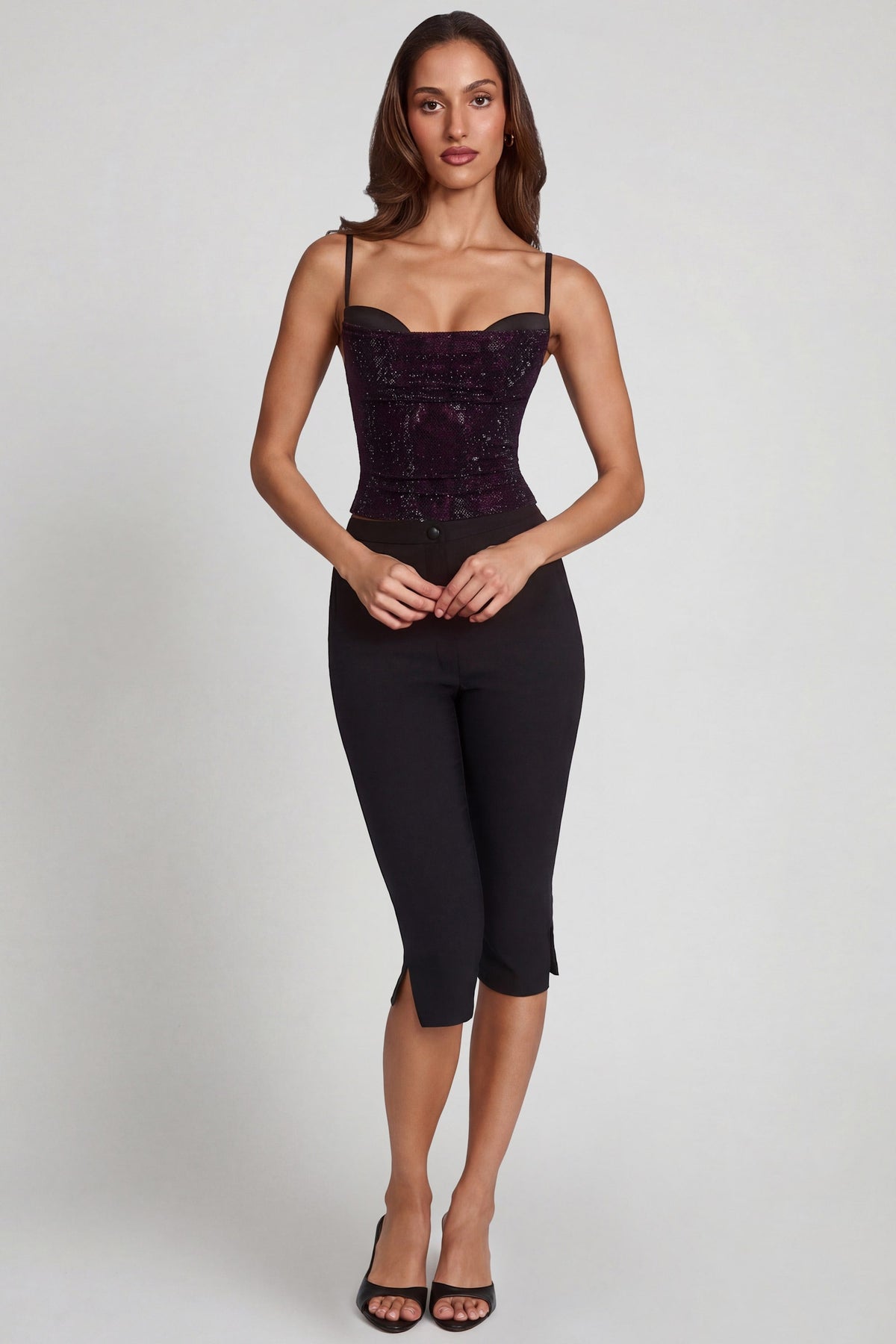Chic Embellished Peekaboo Cowl-Neck Top in Purple Snake