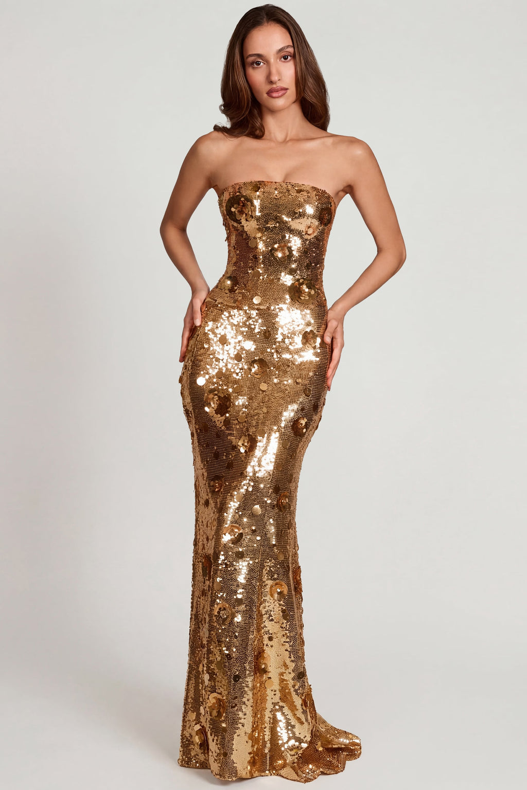 Chic 3D Embellished Bandeau Maxi Dress in Gold