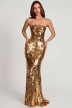 Chic 3D Embellished Bandeau Maxi Dress in Gold