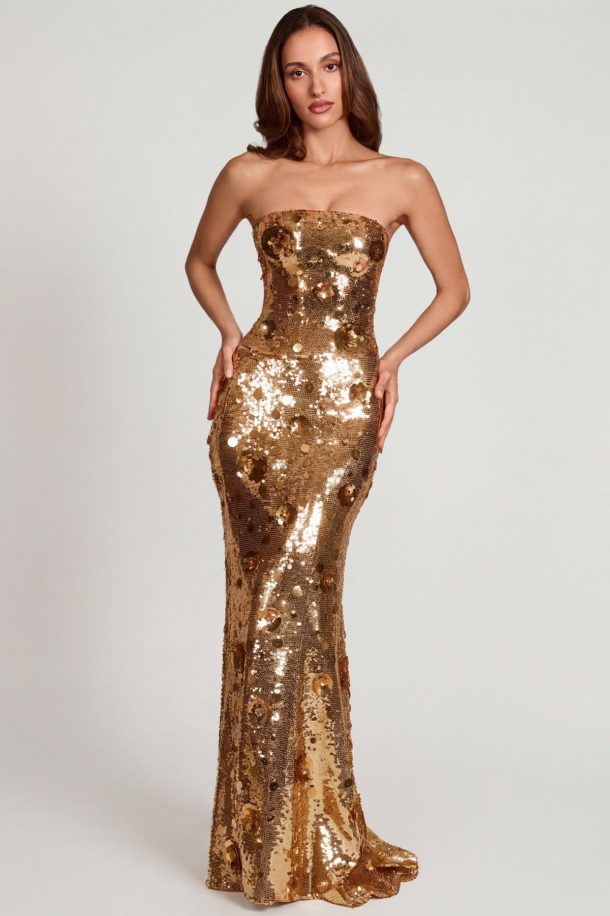 Chic 3D Embellished Bandeau Maxi Dress in Gold