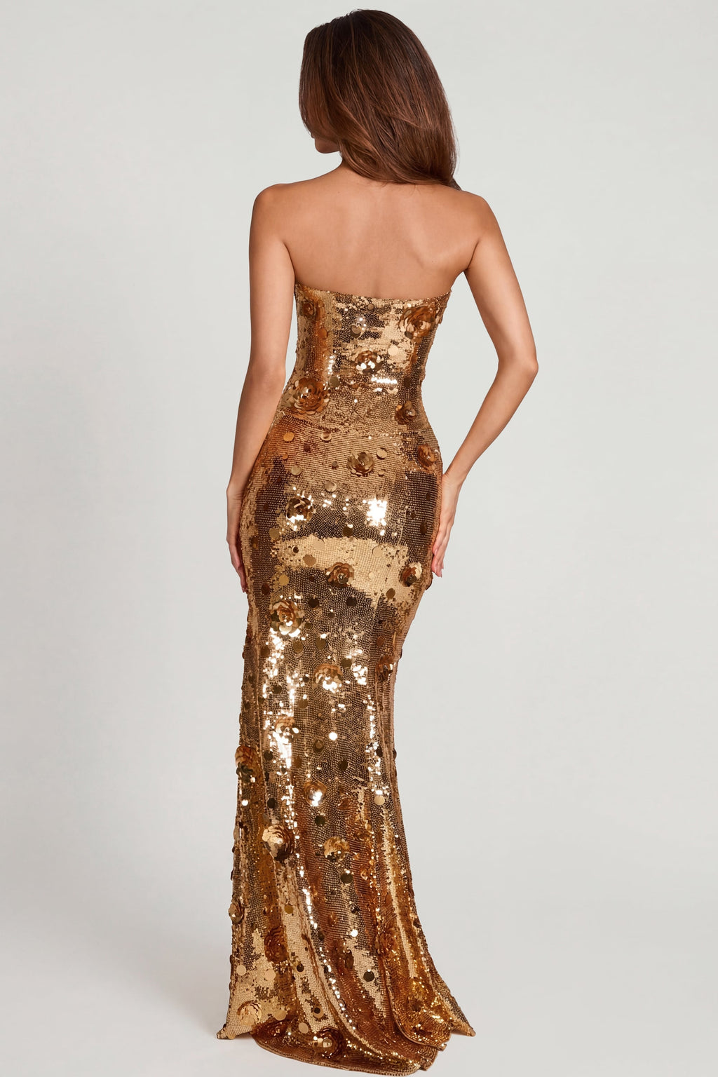 Chic 3D Embellished Bandeau Maxi Dress in Gold