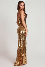 Chic 3D Embellished Bandeau Maxi Dress in Gold