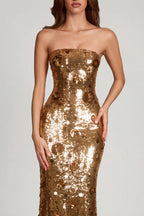 Chic 3D Embellished Bandeau Maxi Dress in Gold