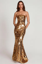 Chic 3D Embellished Bandeau Maxi Dress in Gold