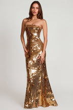 Chic 3D Embellished Bandeau Maxi Dress in Gold