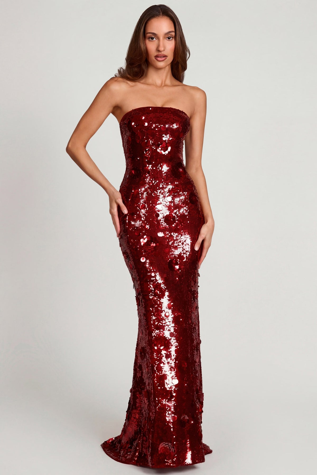 Chic 3D Embellished Bandeau Maxi Dress in Red
