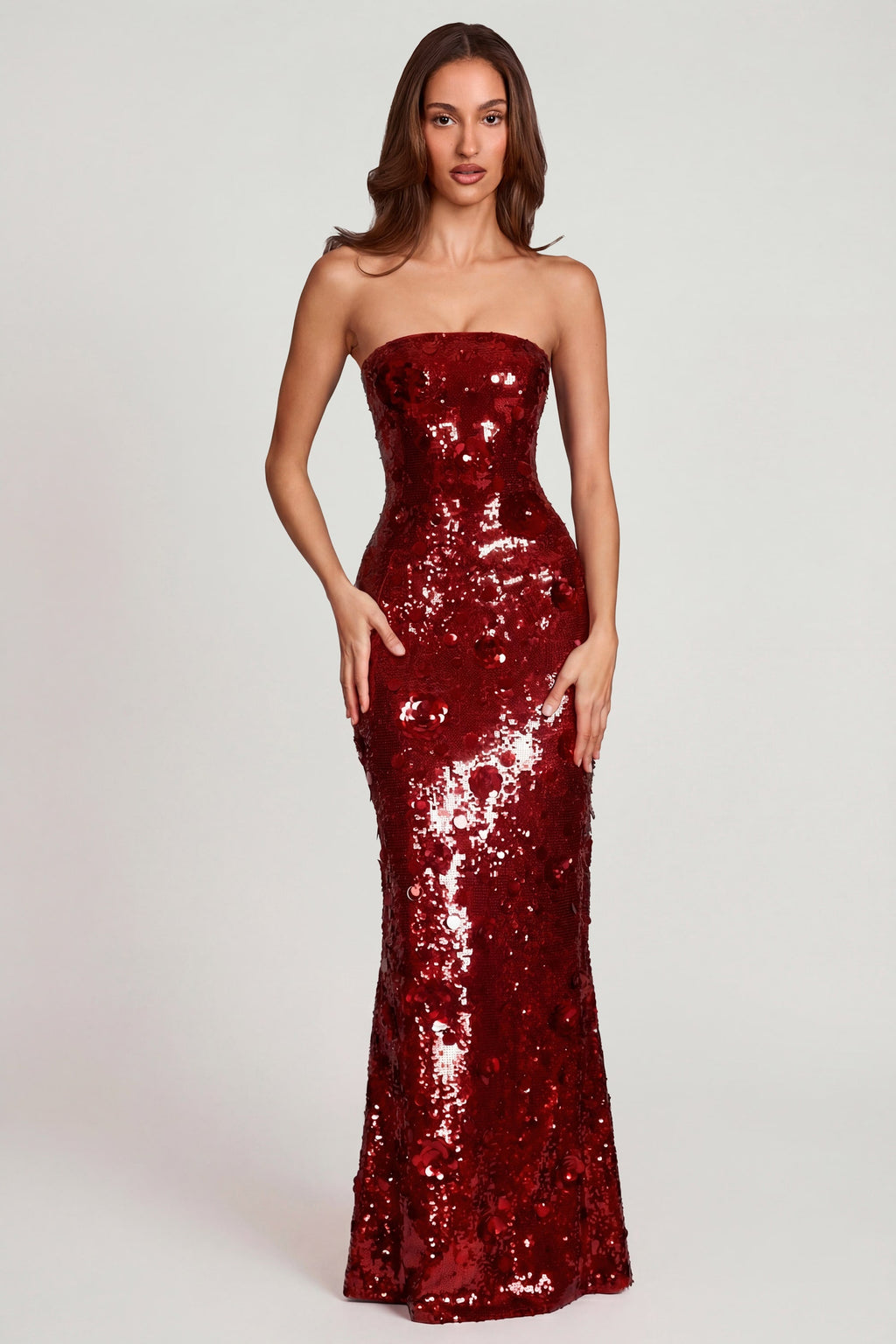Chic 3D Embellished Bandeau Maxi Dress in Red