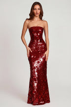Chic 3D Embellished Bandeau Maxi Dress in Red