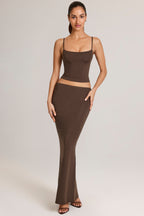 Chic Modal Mid-Rise Fishtail Maxi Skirt in Chocolate Brown