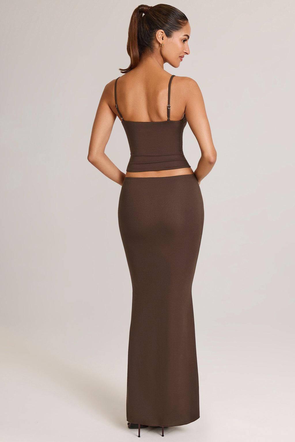 Chic Modal Mid-Rise Fishtail Maxi Skirt in Chocolate Brown