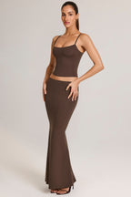 Chic Modal Mid-Rise Fishtail Maxi Skirt in Chocolate Brown