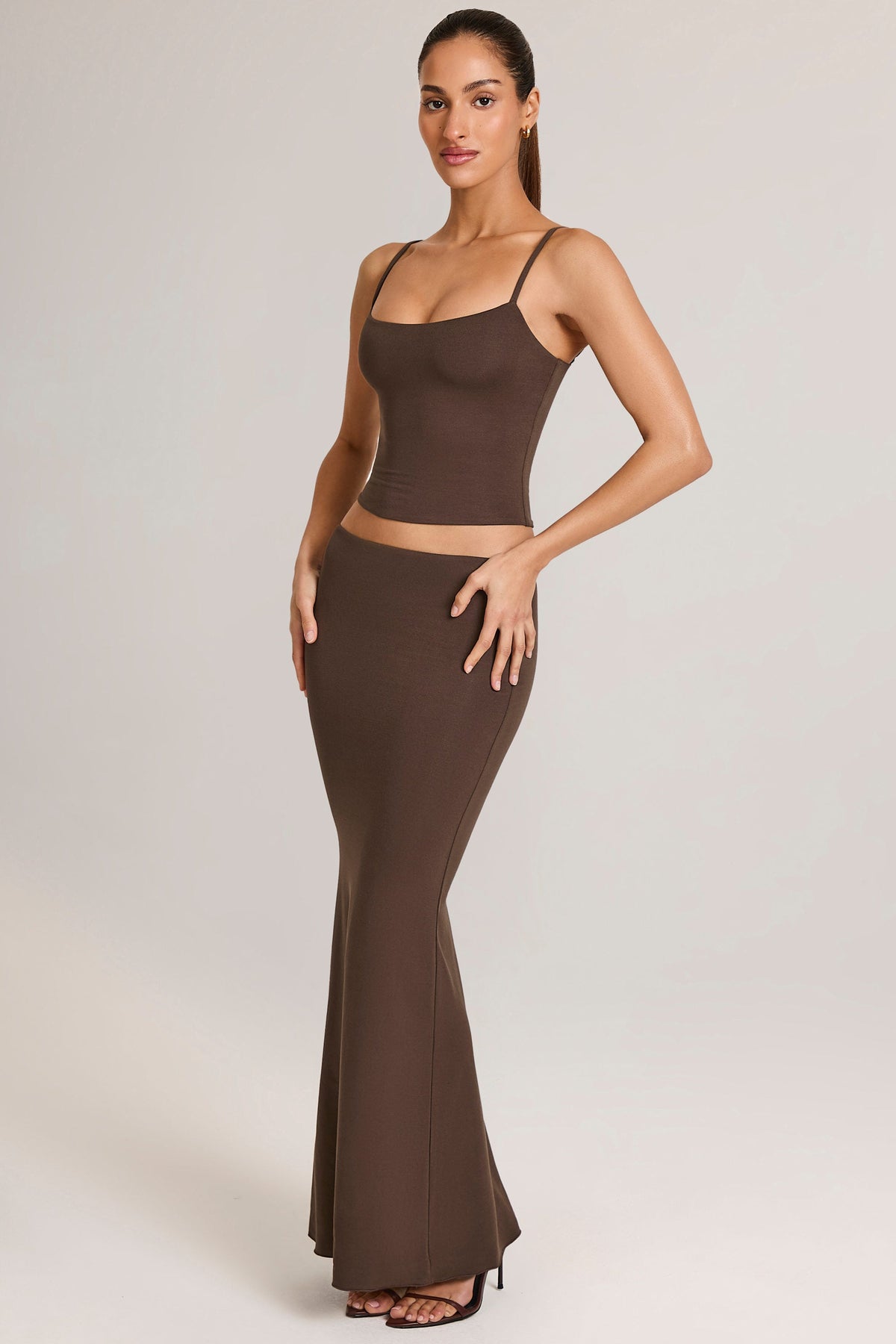 Chic Modal Mid-Rise Fishtail Maxi Skirt in Chocolate Brown