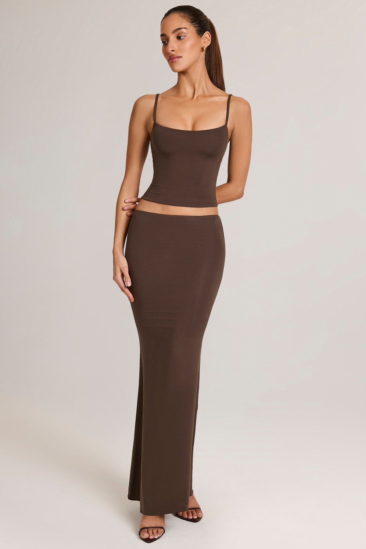 Chic Modal Mid-Rise Fishtail Maxi Skirt in Chocolate Brown