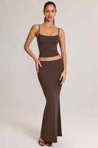 Chic Modal Mid-Rise Fishtail Maxi Skirt in Chocolate Brown