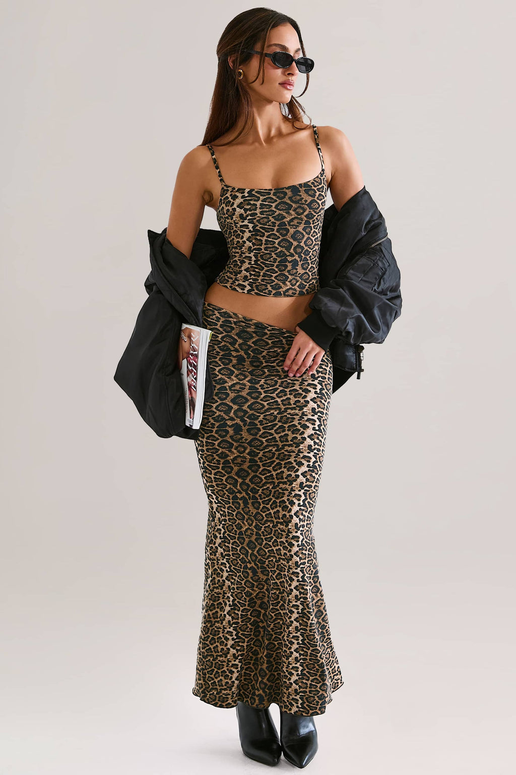 Chic Modal Mid-Rise Fishtail Maxi Skirt in Leopard Print