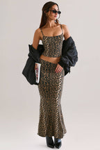 Chic Modal Mid-Rise Fishtail Maxi Skirt in Leopard Print