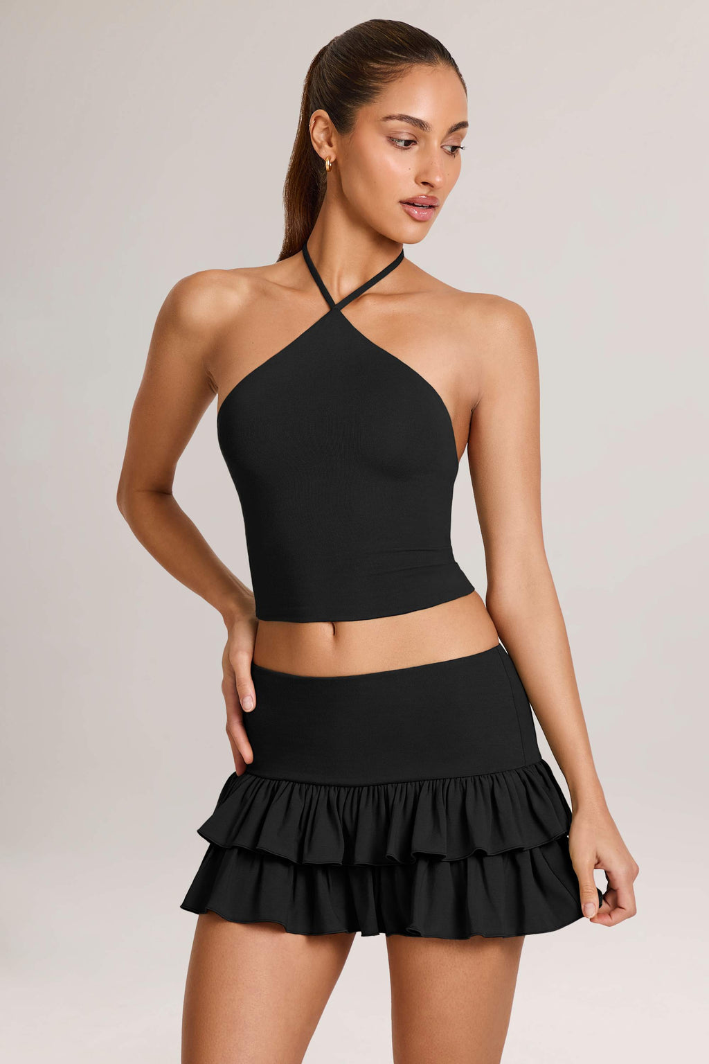 Chic Modal Ruffle Mid-Rise Mini Skort in Black