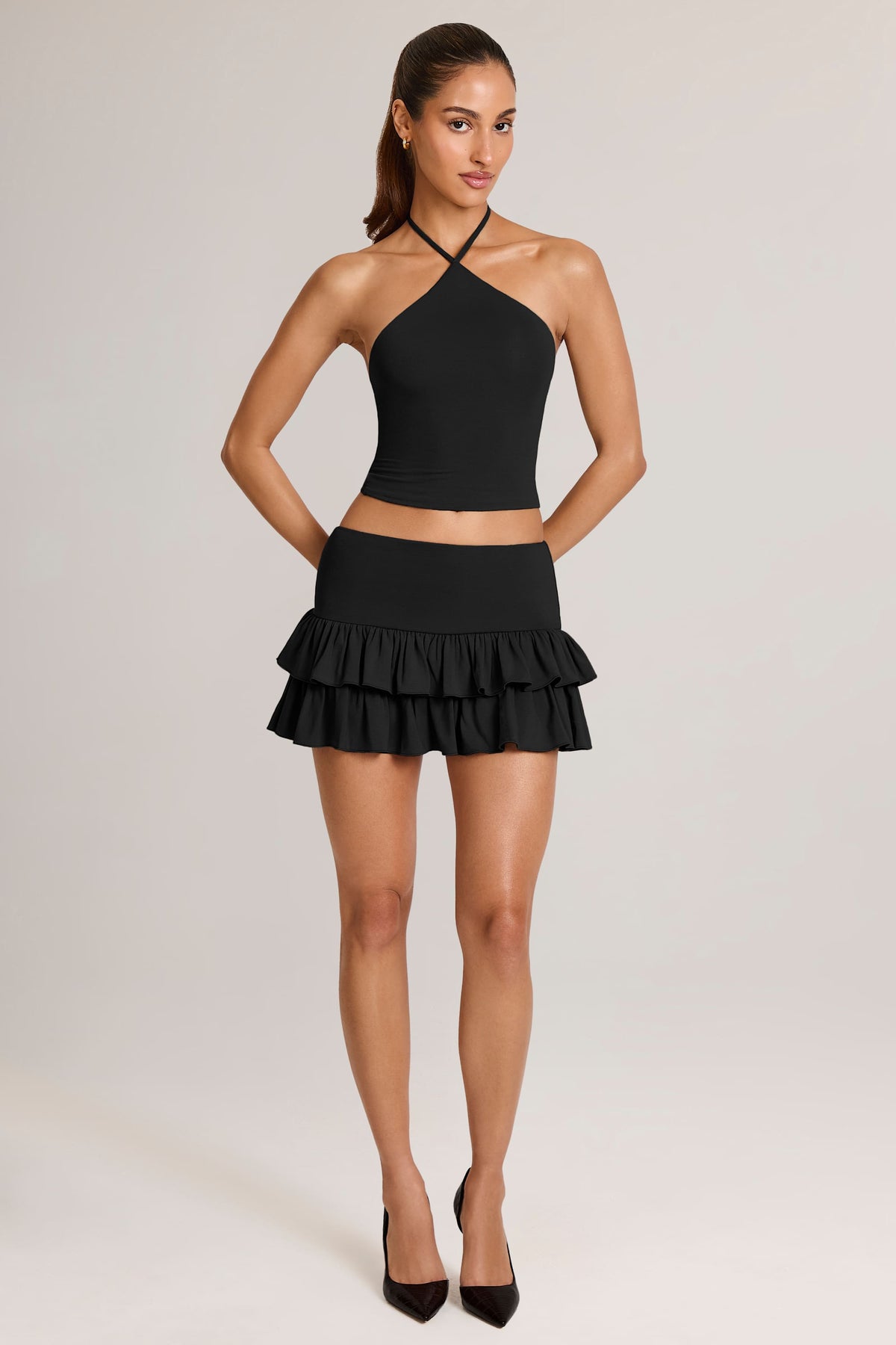 Chic Modal Ruffle Mid-Rise Mini Skort in Black