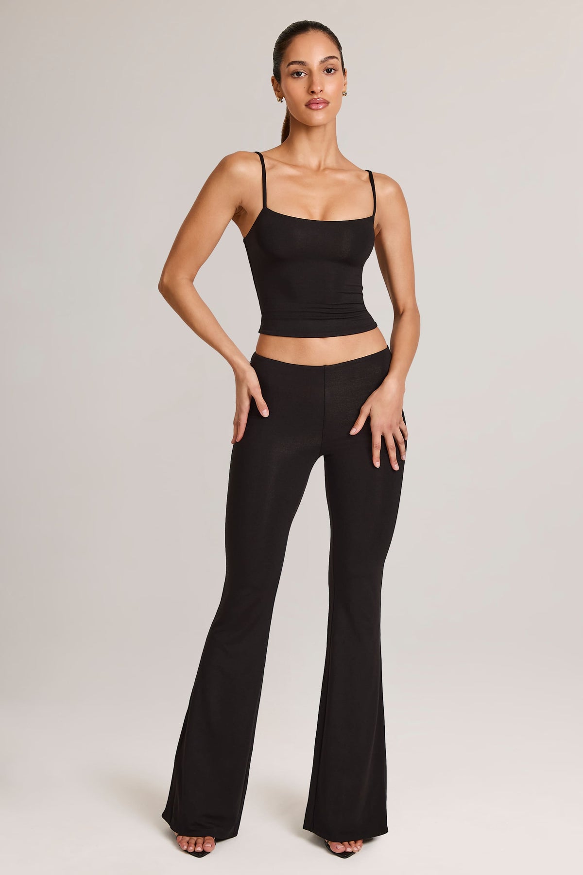 Chic Modal Mid-Rise Flared Trousers in Black