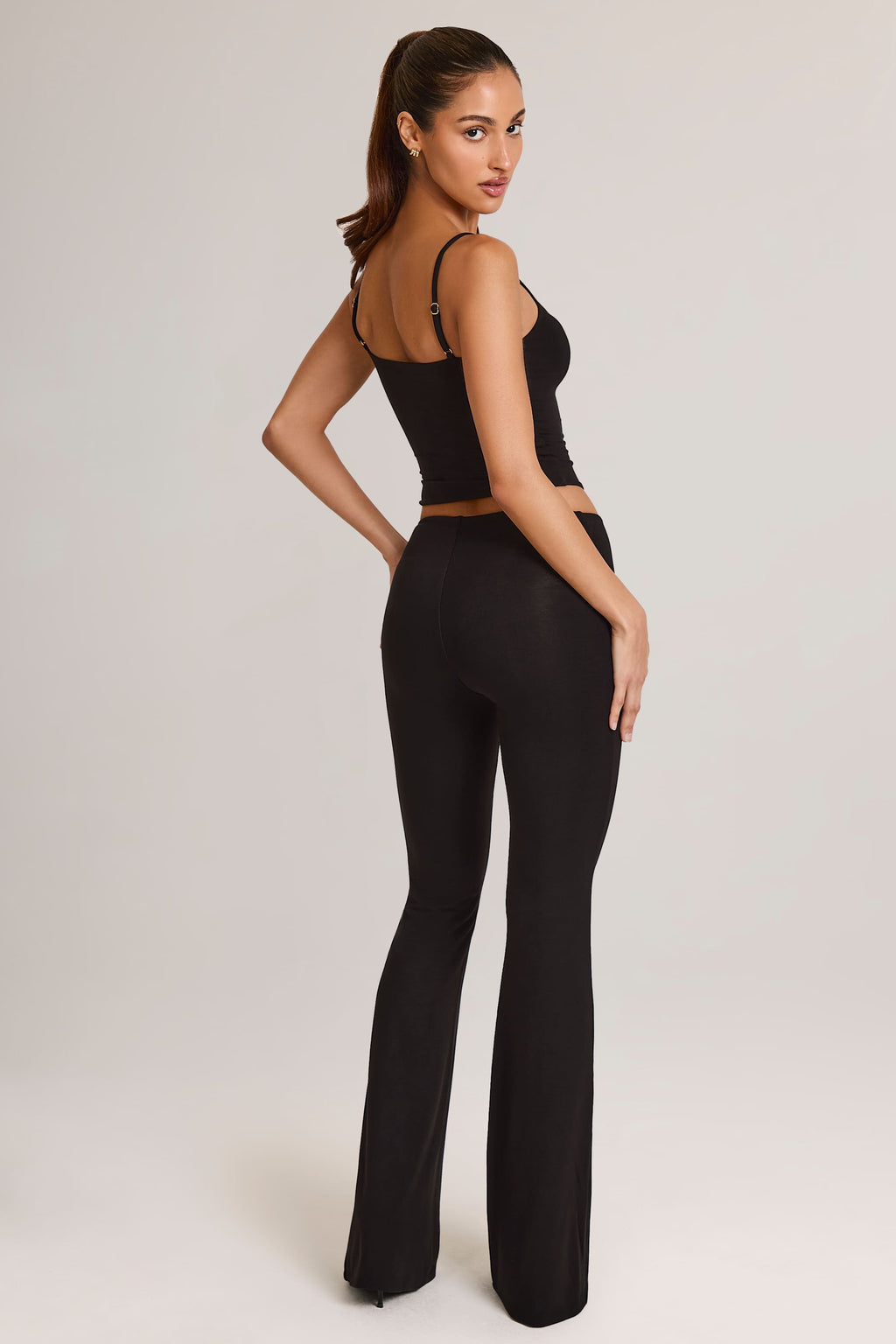 Chic Modal Mid-Rise Flared Trousers in Black