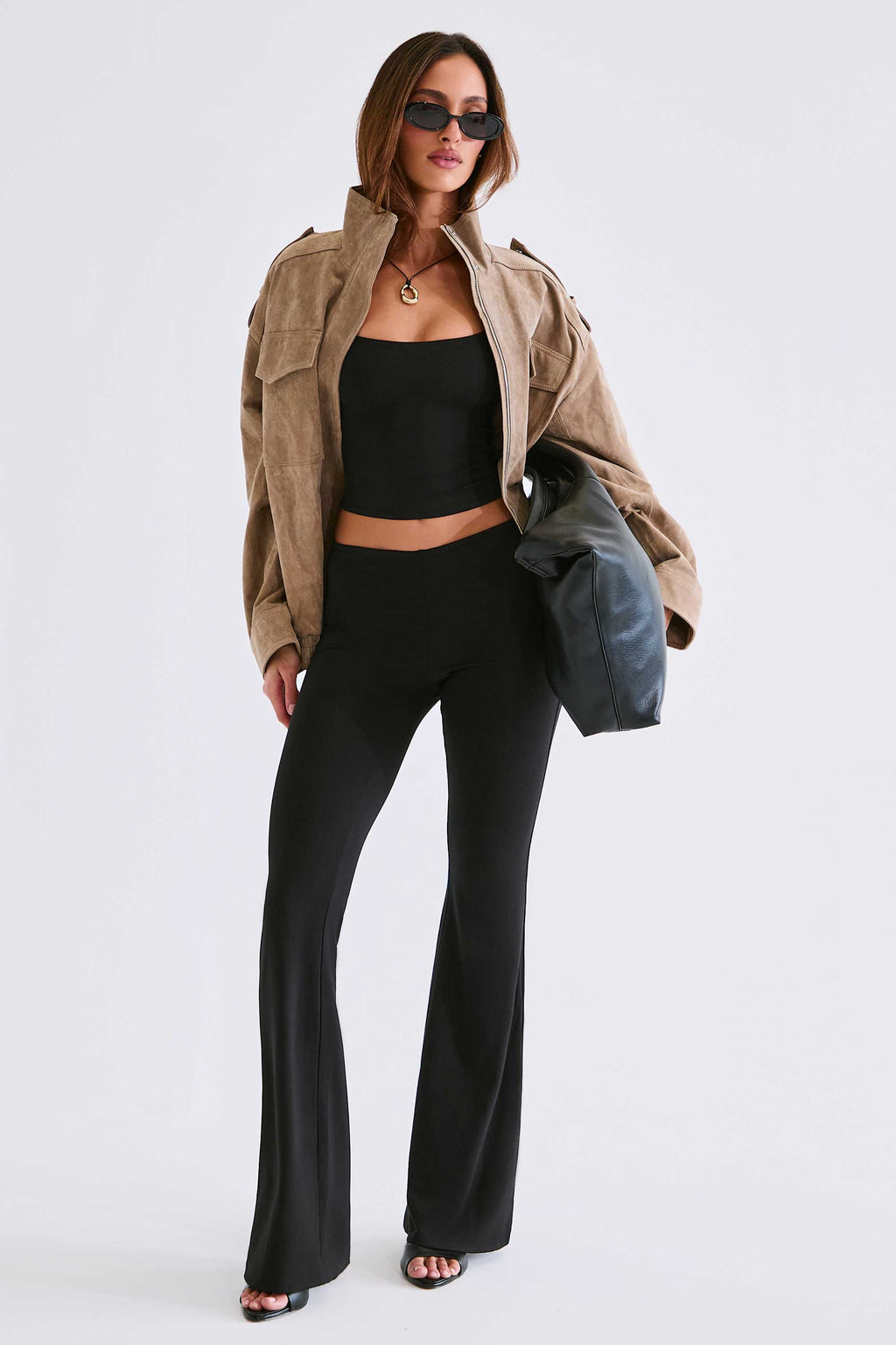 Chic Modal Mid-Rise Flared Trousers in Black