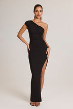Chic Modal Asymmetric Ruched Maxi Dress in Black