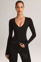 Chic Modal Plunge Long-Sleeve Bodysuit in Black