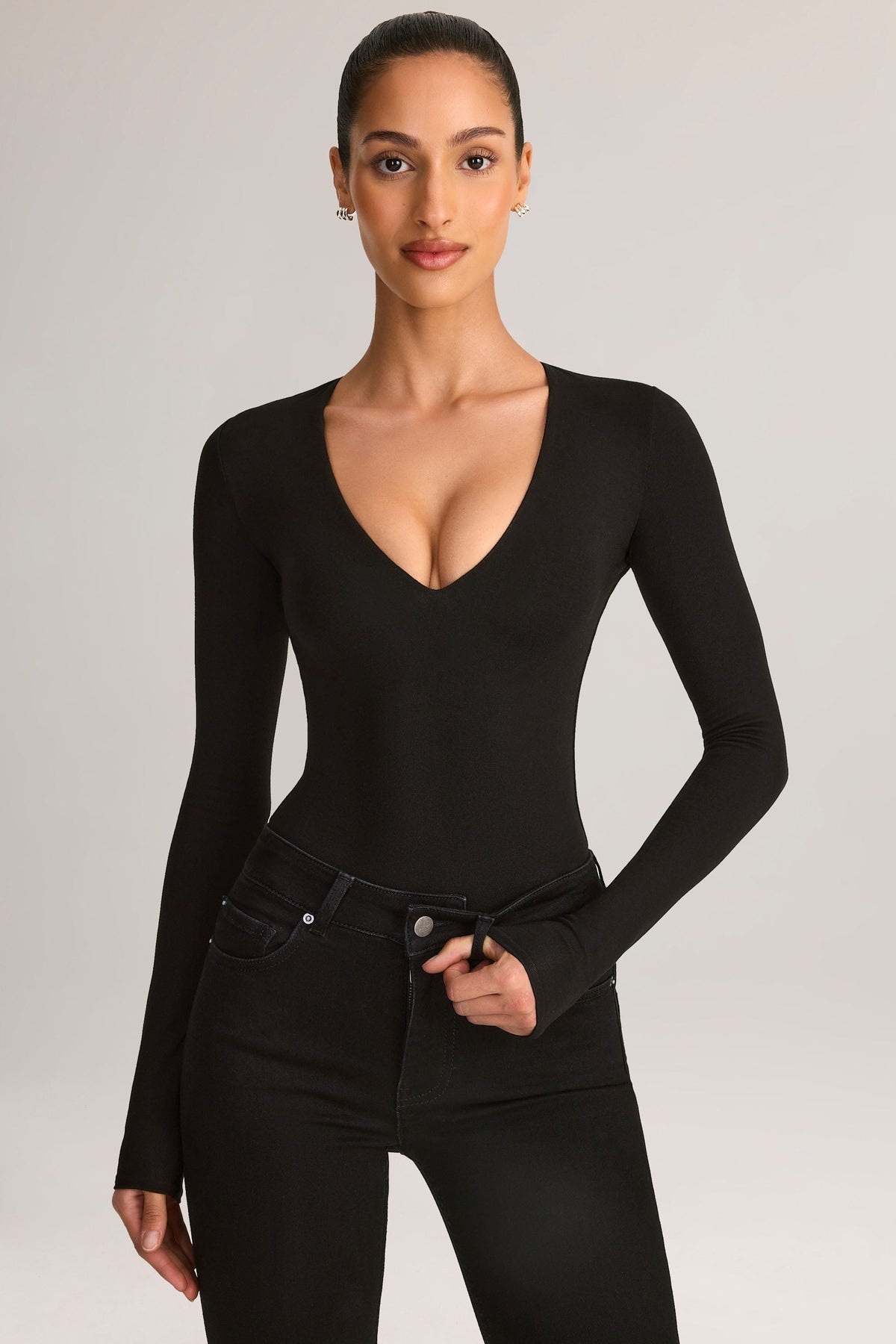 Chic Modal Plunge Long-Sleeve Bodysuit in Black