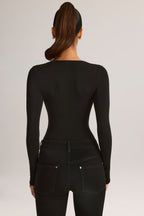 Chic Modal Plunge Long-Sleeve Bodysuit in Black