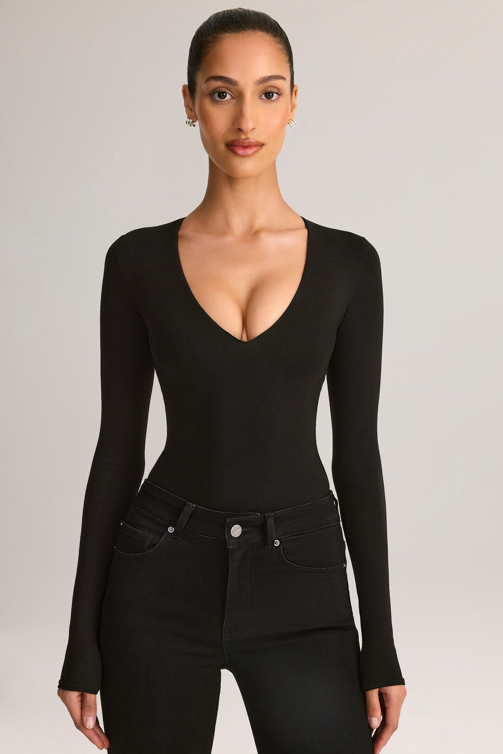 Chic Modal Plunge Long-Sleeve Bodysuit in Black