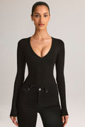 Chic Modal Plunge Long-Sleeve Bodysuit in Black