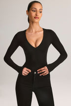 Chic Modal Plunge Long-Sleeve Bodysuit in Black