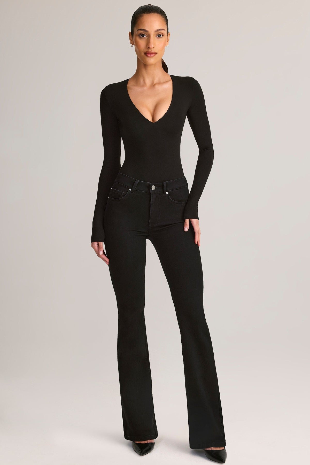 Chic Modal Plunge Long-Sleeve Bodysuit in Black