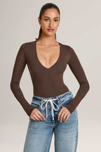 Chic Modal Plunge Long-Sleeve Bodysuit in Chocolate Brown
