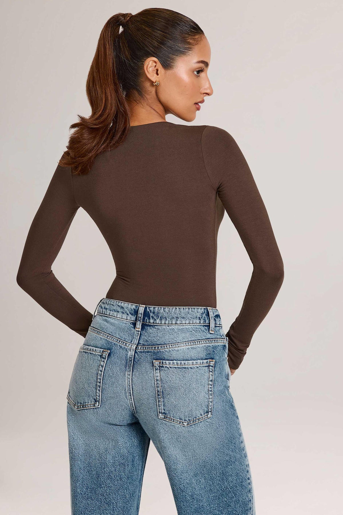 Chic Modal Plunge Long-Sleeve Bodysuit in Chocolate Brown