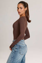 Chic Modal Plunge Long-Sleeve Bodysuit in Chocolate Brown
